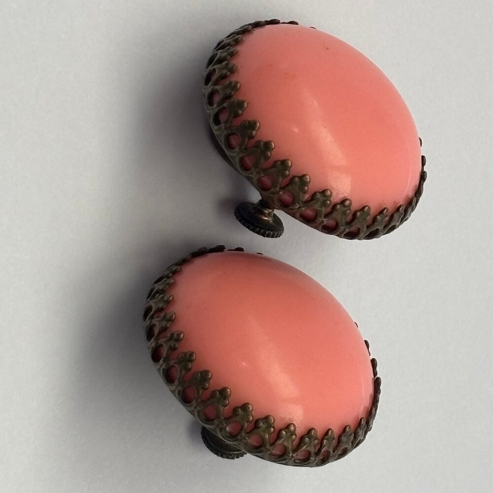 Vintage Boho Coral Cabochon Brass Screw-Back Earrings 1”